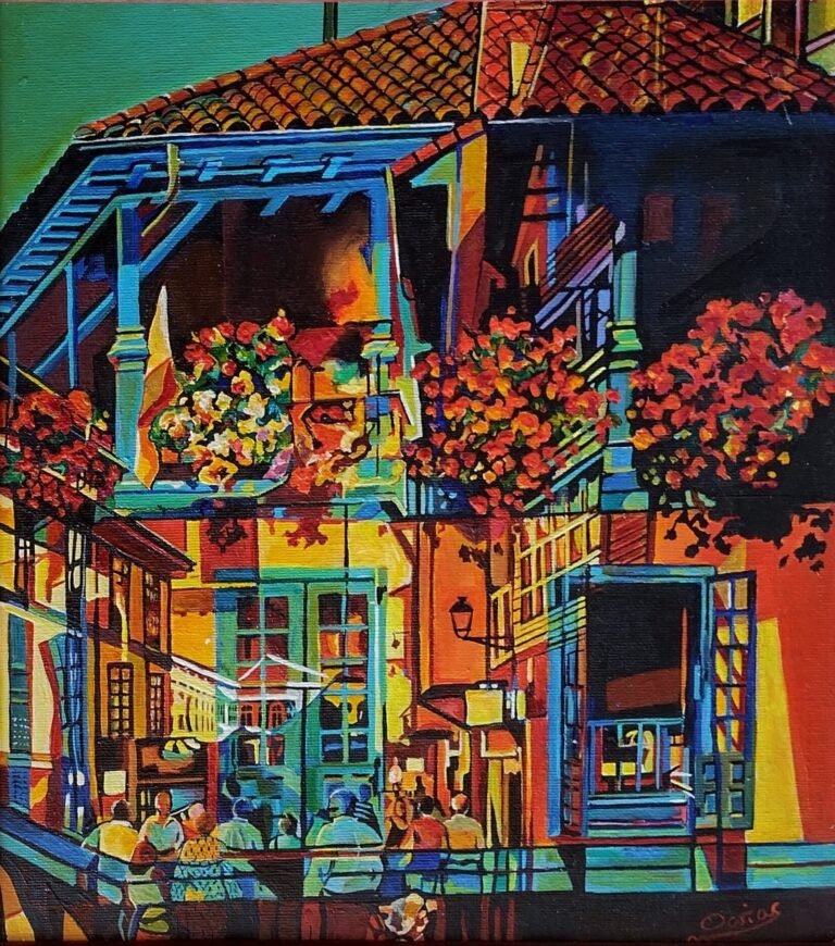 El Fontán historic square and traditional buildings, contemporary painting by Marian Rodriguez Vigil